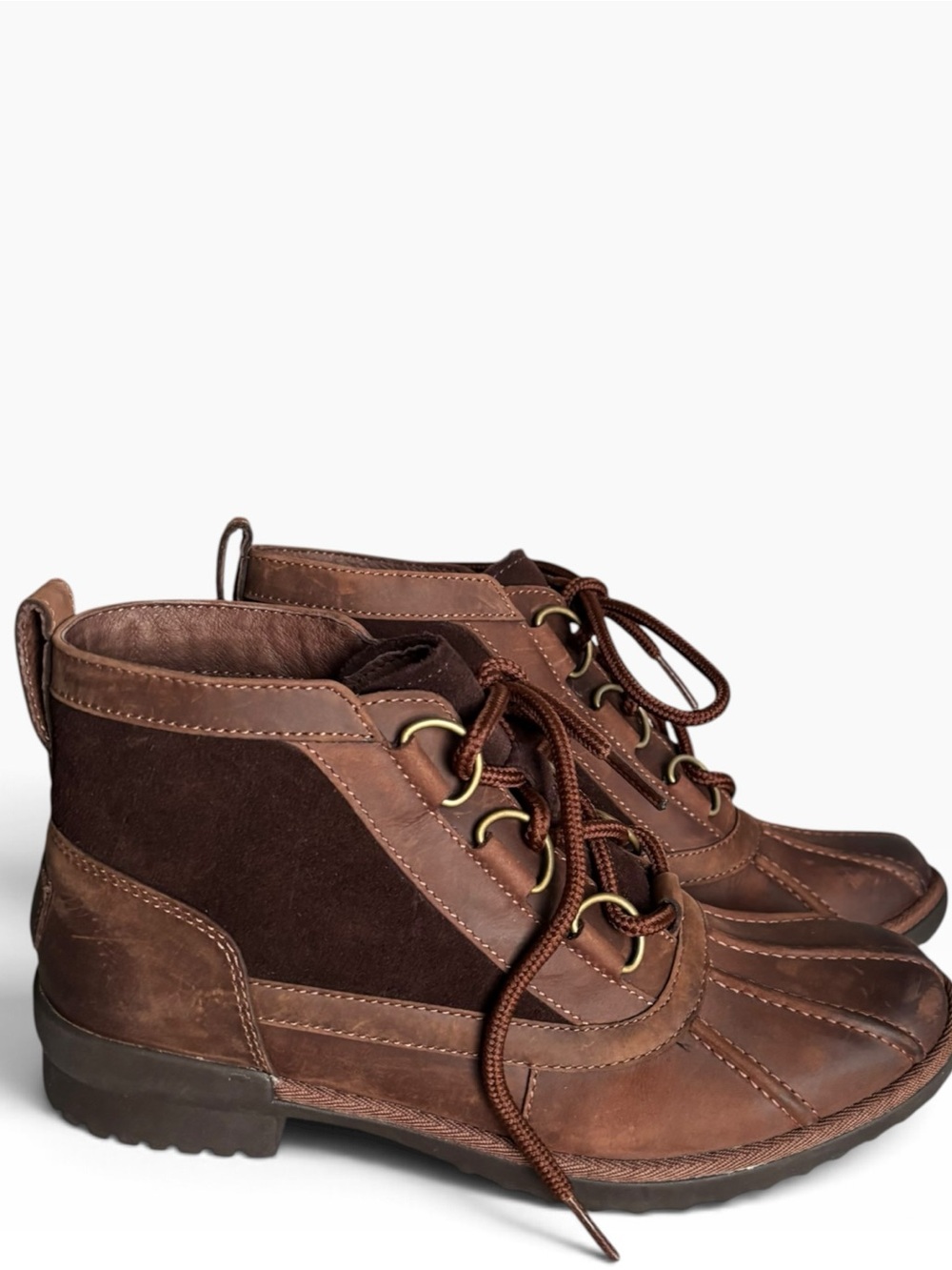 UGG Heather Waterproof Leather Suede Duck Boots Brown 7.5